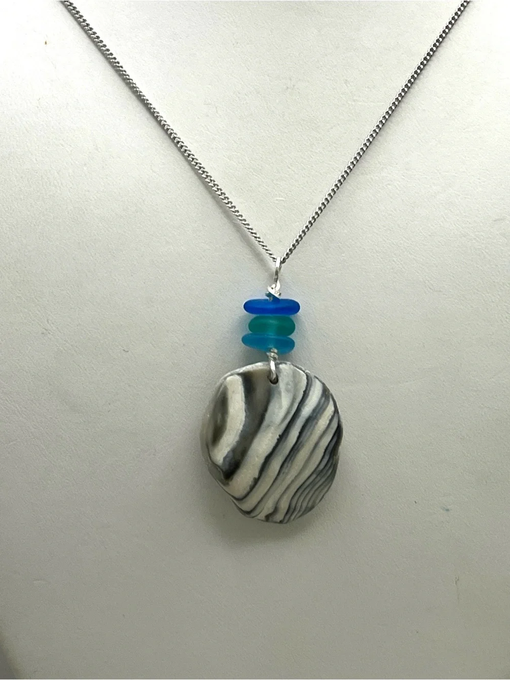 Wampum Shell Pendant Necklace Silver Tone Sea Glass Blue Green Coastal Beach
